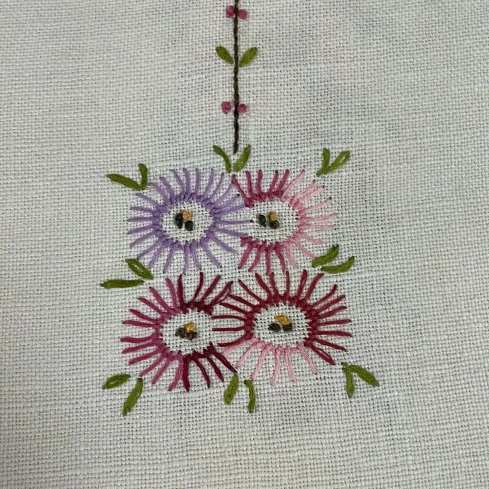 VINTAGE Hand Embroidered Linen Floral Table Runner 18 1/4” W X 39” L